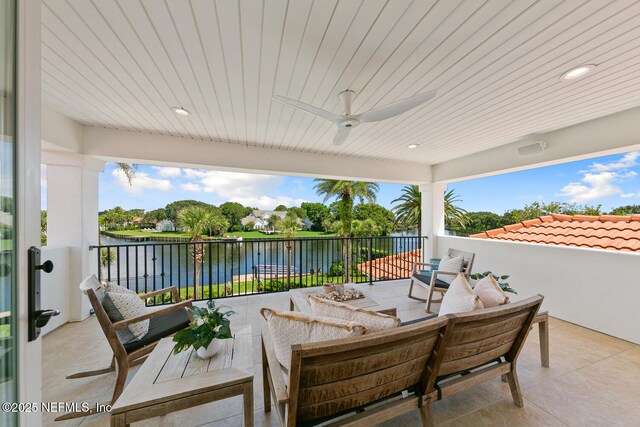 23 Corona Rd, Ponte Vedra Beach, FL 32082 - patio / terrace with a water view, an outdoor living space, and a ceiling fan