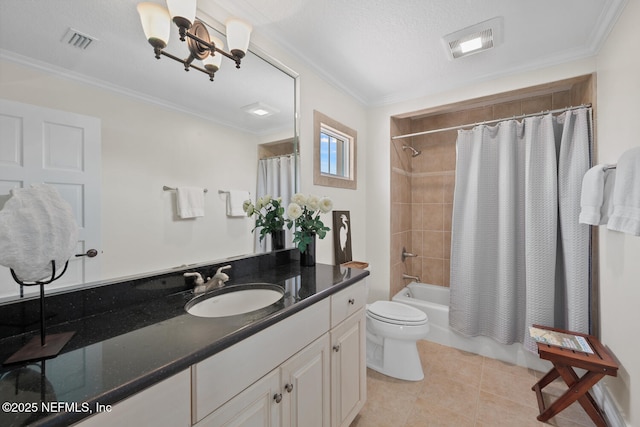 23 Corona Rd, Ponte Vedra Beach, FL 32082 - bathroom with vanity, shower / tub combo with curtain, ornamental molding, and tile patterned floors
