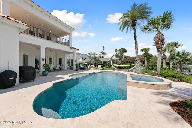 23 Corona Rd, Ponte Vedra Beach, FL 32082 - view of pool with a patio area, ceiling fan, a pool with connected hot tub, and area for grilling