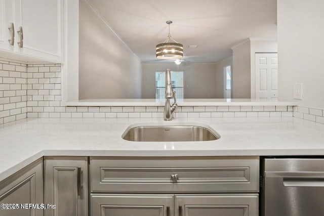 7 Arbor Club Dr Unit 214, Ponte Vedra Beach, FL 32082 - kitchen featuring dishwasher, backsplash, ornamental molding, pendant lighting, and a peninsula
