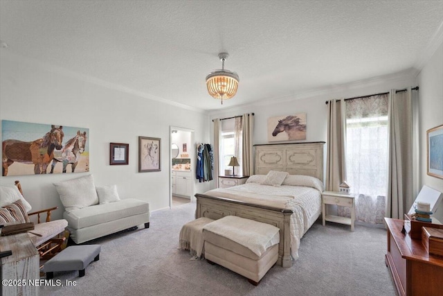 75013 Pondside Ln, Yulee, FL 32097 - bedroom with carpet floors, ornamental molding, a textured ceiling, a chandelier, and connected bathroom