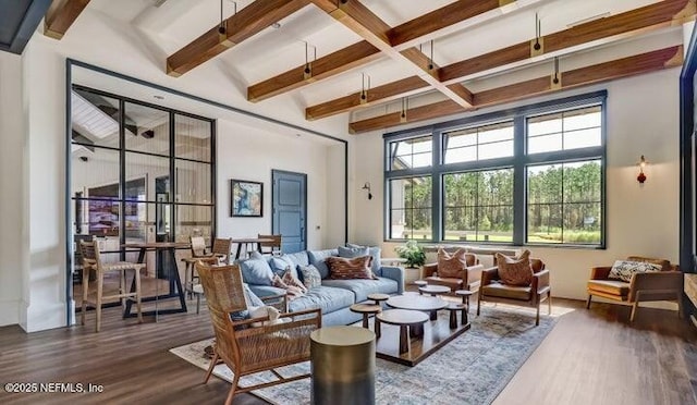 75013 Pondside Ln, Yulee, FL 32097 - living room with beam ceiling and wood finished floors