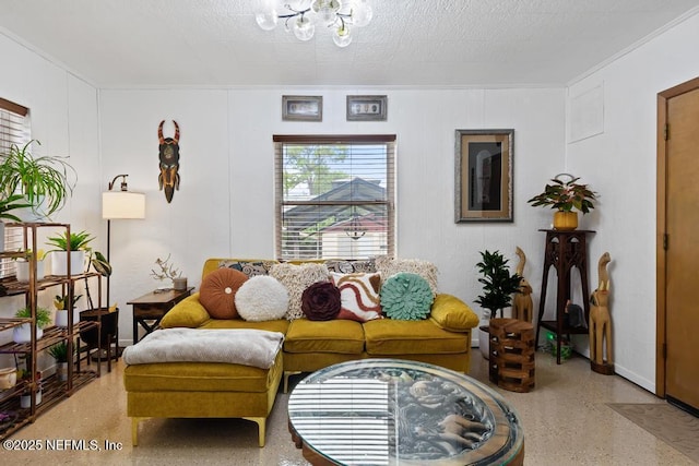 2510 Cesery Blvd, Jacksonville, FL 32211 - living area with speckle patterned floor, a chandelier, and crown molding