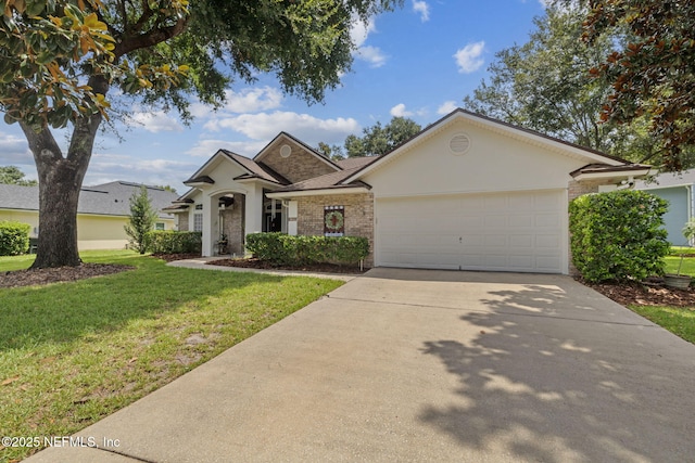 1208 Kyle Way S, Saint Johns, FL 32259 - ranch-style house featuring a front lawn, a garage, driveway, brick siding, and roof with shingles