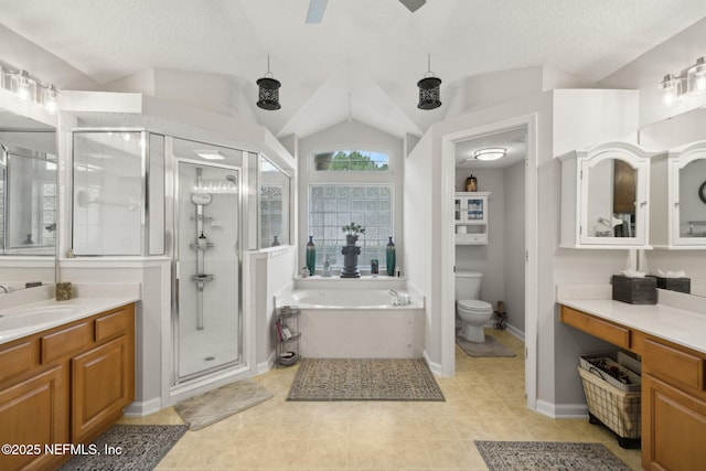 1208 Kyle Way S, Saint Johns, FL 32259 - bathroom with a shower stall, a bath, vanity, a textured ceiling, and tile patterned floors