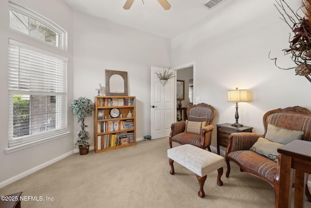 1208 Kyle Way S, Saint Johns, FL 32259 - living area with carpet flooring, a ceiling fan, and a towering ceiling