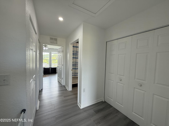106 Sunrise Ct, Atlantic Beach, FL 32233 - hallway featuring dark wood finished floors, attic access, and recessed lighting