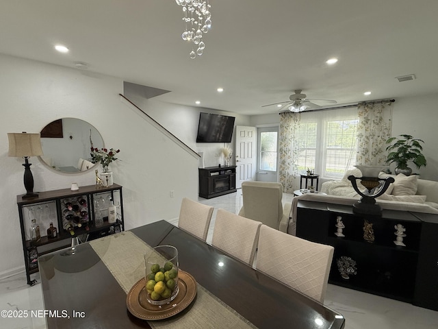 106 Sunrise Ct, Atlantic Beach, FL 32233 - dining space with recessed lighting, a ceiling fan, and a fireplace
