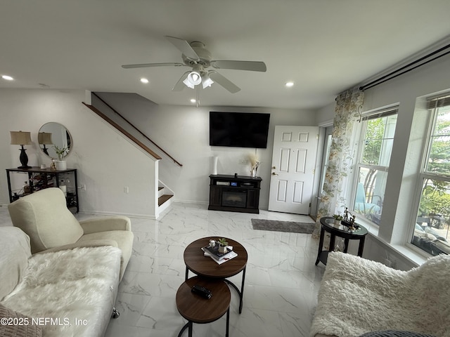 106 Sunrise Ct, Atlantic Beach, FL 32233 - living room with marble finish floors, recessed lighting, stairs, and a ceiling fan