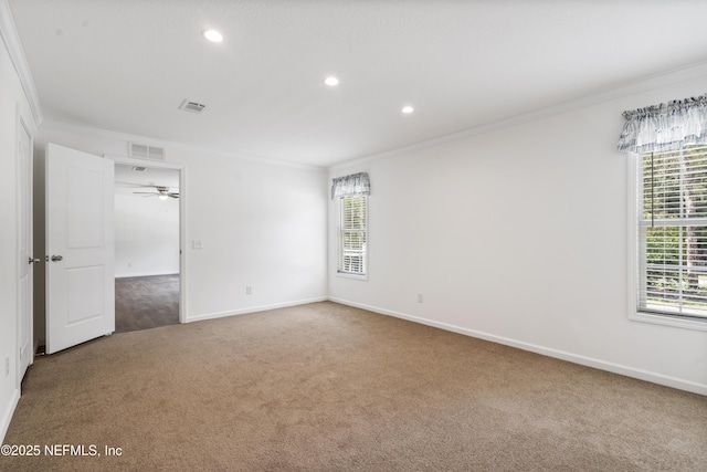 2254 Stauffer Rd, Green Cove Springs, FL 32043 - carpeted spare room featuring crown molding, healthy amount of natural light, recessed lighting, and ceiling fan