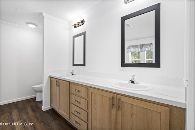 2254 Stauffer Rd, Green Cove Springs, FL 32043 - bathroom featuring ornamental molding, double vanity, and wood finished floors