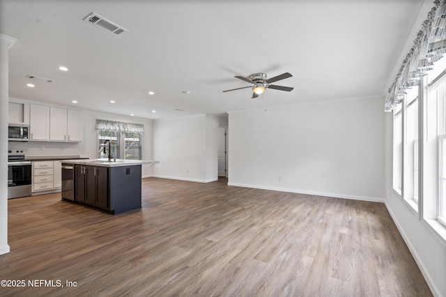 2254 Stauffer Rd, Green Cove Springs, FL 32043 - kitchen featuring stainless steel appliances, ceiling fan, wood finished floors, open floor plan, and recessed lighting