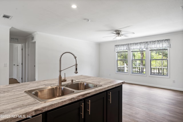 2254 Stauffer Rd, Green Cove Springs, FL 32043 - kitchen featuring crown molding, light countertops, ceiling fan, wood finished floors, and dark cabinetry