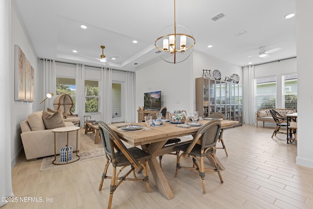 985 Rustic Mill Dr, Saint Augustine, FL 32092 - dining space with ceiling fan, recessed lighting, light wood-style floors, and a raised ceiling