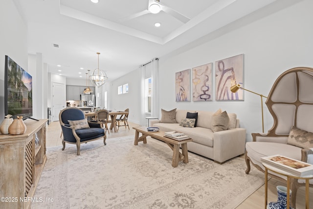 985 Rustic Mill Dr, Saint Augustine, FL 32092 - living area featuring a chandelier, recessed lighting, light wood finished floors, and a ceiling fan