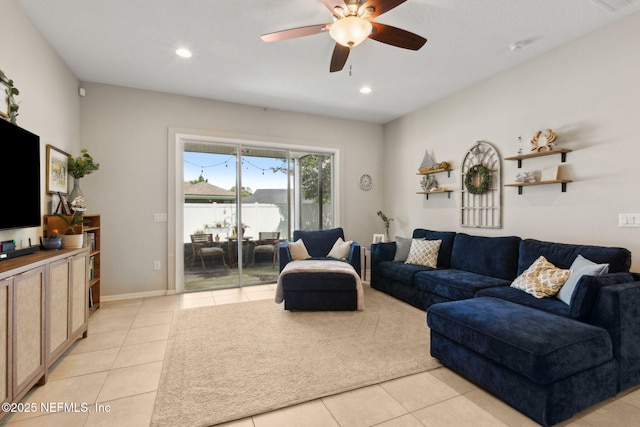 95212 Tanglewood Dr, Fernandina Beach, FL 32034 - living room featuring light tile patterned flooring, a ceiling fan, and recessed lighting