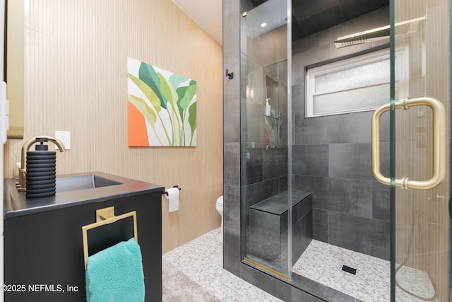 411 S St, Neptune Beach, FL 32266 - full bathroom featuring a stall shower, vanity, and wallpapered walls