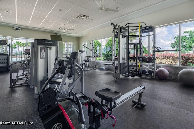 71 Ash Breeze Cv, Saint Augustine, FL 32095 - workout area featuring a ceiling fan and a paneled ceiling