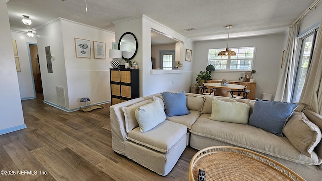 1319 Hickory St, Fernandina Beach, FL 32034 - living area featuring wood finished floors, crown molding, and a textured ceiling