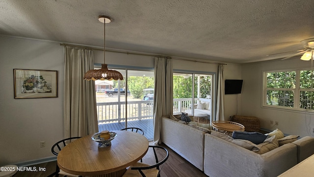 1319 Hickory St, Fernandina Beach, FL 32034 - living room featuring a textured ceiling, dark wood-type flooring, and ceiling fan