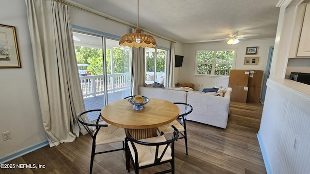 1319 Hickory St, Fernandina Beach, FL 32034 - dining space featuring ceiling fan, dark wood-type flooring, a textured ceiling, and ornamental molding