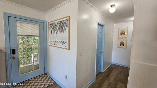 1319 Hickory St, Fernandina Beach, FL 32034 - doorway with crown molding and dark wood-style floors