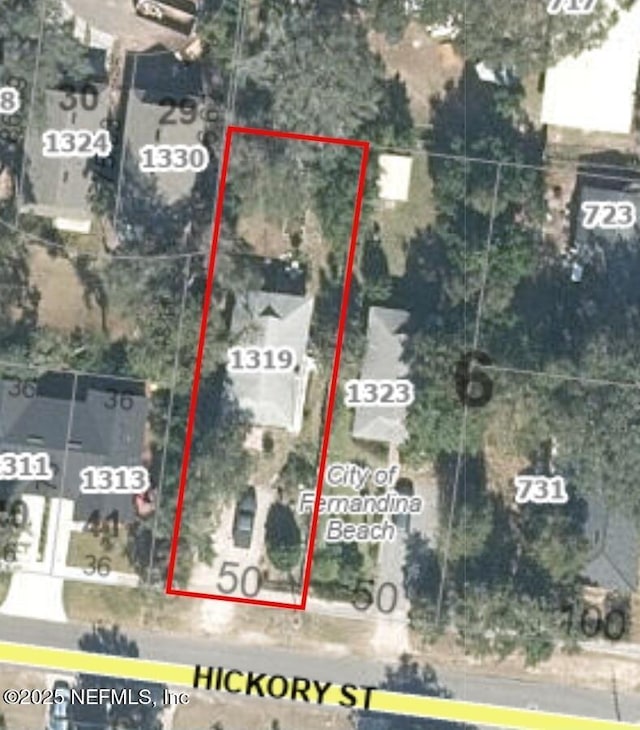 1319 Hickory St, Fernandina Beach, FL 32034 - aerial overview of property's location with property parcel outlined
