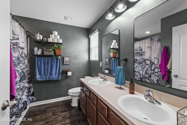 2264 Pebble Point Dr, Green Cove Springs, FL 32043 - bathroom with wood finished floors, double vanity, a textured wall, and a textured ceiling