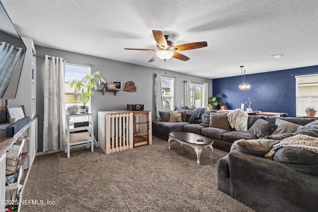 2264 Pebble Point Dr, Green Cove Springs, FL 32043 - living room with a textured ceiling, ceiling fan, and carpet flooring