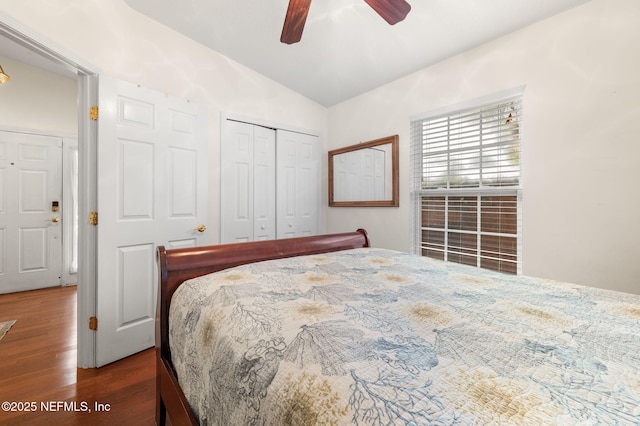 122 Twine St, Saint Augustine, FL 32084 - bedroom with vaulted ceiling, wood finished floors, a closet, and a ceiling fan