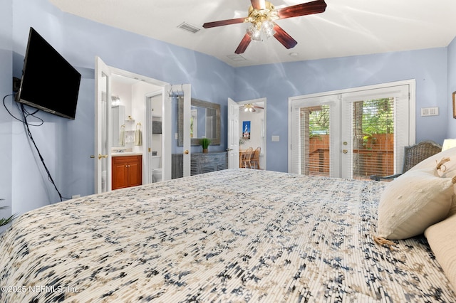 122 Twine St, Saint Augustine, FL 32084 - bedroom with french doors, access to exterior, ensuite bathroom, and ceiling fan