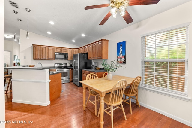 122 Twine St, Saint Augustine, FL 32084 - kitchen featuring stainless steel appliances, dark countertops, light wood-type flooring, vaulted ceiling, and recessed lighting