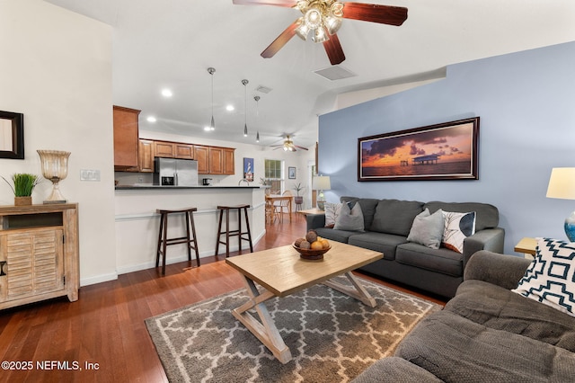 122 Twine St, Saint Augustine, FL 32084 - living room with ceiling fan, dark wood-type flooring, recessed lighting, and vaulted ceiling