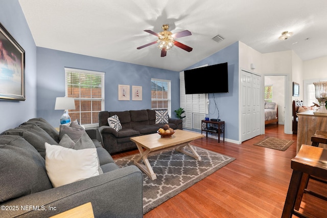 122 Twine St, Saint Augustine, FL 32084 - living area featuring vaulted ceiling, ceiling fan, and wood finished floors