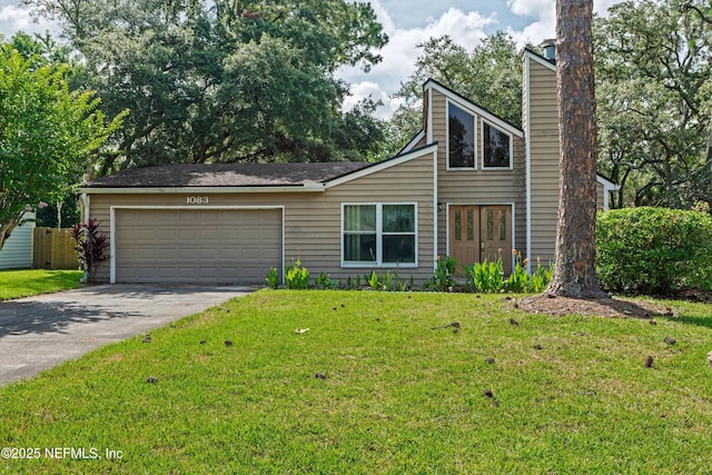 1083 Kings Rd, Neptune Beach, FL 32266 - mid-century inspired home with an attached garage, a chimney, concrete driveway, and a front yard