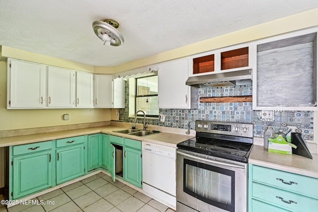2259 Marlee Rd S, Jacksonville, FL 32259 - kitchen featuring stainless steel electric range, white dishwasher, light tile patterned floors, light countertops, and a textured ceiling