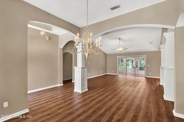 1994 Protection Pt, Fleming Island, FL 32003 - unfurnished living room featuring ceiling fan, arched walkways, dark wood-style flooring, and lofted ceiling
