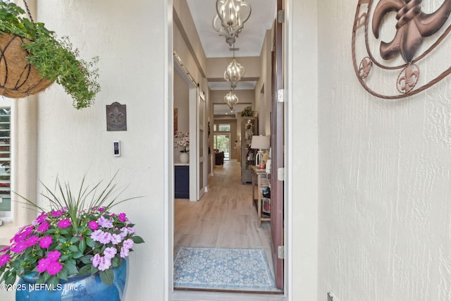 95196 Golden Glow Dr, Fernandina Beach, FL 32034 - hall featuring a chandelier and a barn door