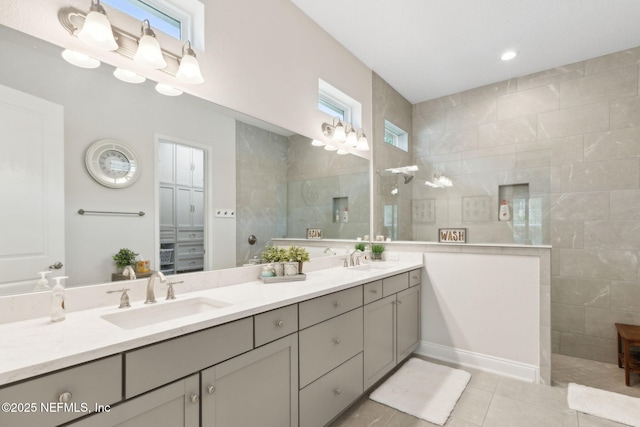 95196 Golden Glow Dr, Fernandina Beach, FL 32034 - bathroom featuring walk in shower, tile patterned floors, and double vanity