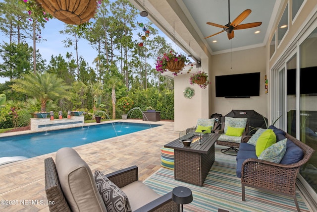 95196 Golden Glow Dr, Fernandina Beach, FL 32034 - swimming pool featuring a ceiling fan, a patio, and an outdoor living space