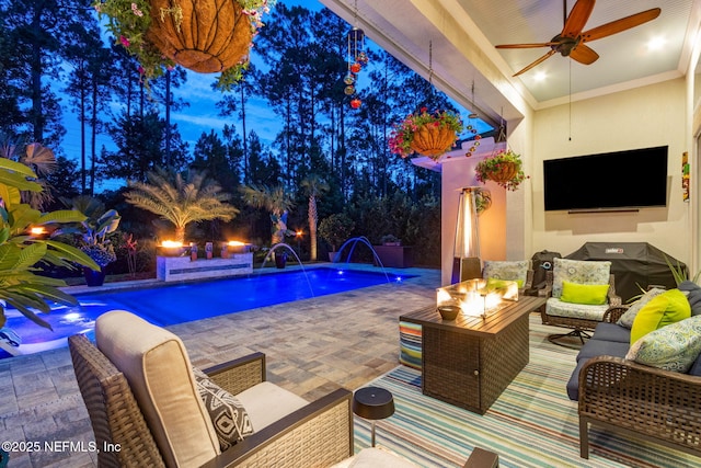 95196 Golden Glow Dr, Fernandina Beach, FL 32034 - swimming pool with outdoor lounge area, a patio, and ceiling fan