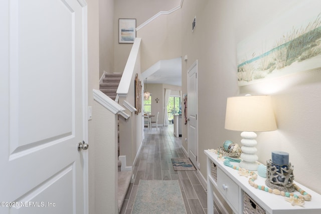 30 Yeti Ct, Saint Augustine, FL 32092 - corridor with stairway, wood finish floors, and a high ceiling