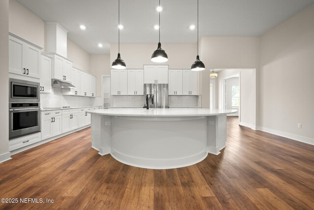 36250 Pitch Ln, Hilliard, FL 32046 - kitchen featuring stainless steel appliances, light countertops, tasteful backsplash, under cabinet range hood, and recessed lighting