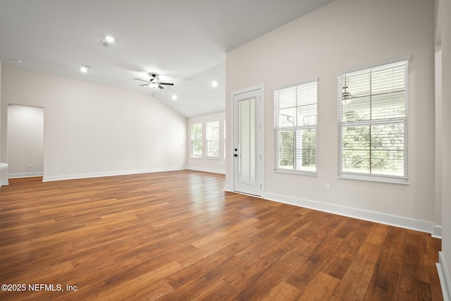 36250 Pitch Ln, Hilliard, FL 32046 - unfurnished living room featuring a ceiling fan, wood-type flooring, lofted ceiling, and recessed lighting
