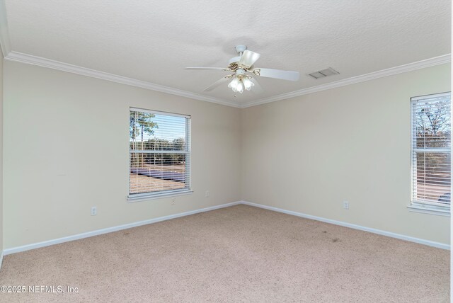 1700 Southcreek Dr, Saint Johns, FL 32259 - empty room with ornamental molding, carpet, ceiling fan, and a textured ceiling