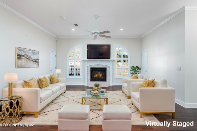 1700 Southcreek Dr, Saint Johns, FL 32259 - living room featuring wood finished floors, ornamental molding, ceiling fan, healthy amount of natural light, and recessed lighting