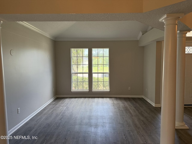 1032 Durbin Parke Dr, Jacksonville, FL 32259 - empty room with ornate columns, dark wood finished floors, crown molding, and a textured ceiling