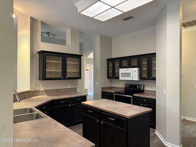 1032 Durbin Parke Dr, Jacksonville, FL 32259 - kitchen featuring stainless steel range with electric stovetop, white microwave, arched walkways, dark cabinetry, and light countertops