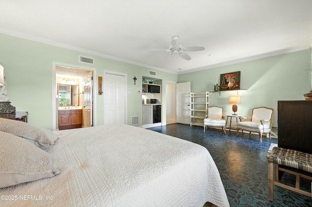 2201 Windjammer Ln, Saint Augustine, FL 32084 - bedroom with ornamental molding, ensuite bathroom, and ceiling fan
