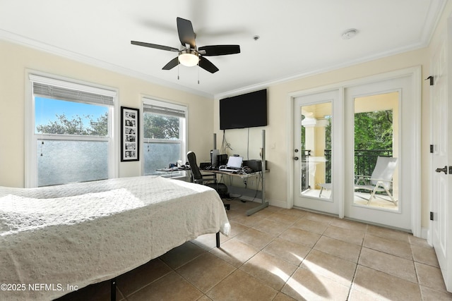 2201 Windjammer Ln, Saint Augustine, FL 32084 - bedroom featuring ornamental molding, an office area, access to outside, light tile patterned floors, and a ceiling fan